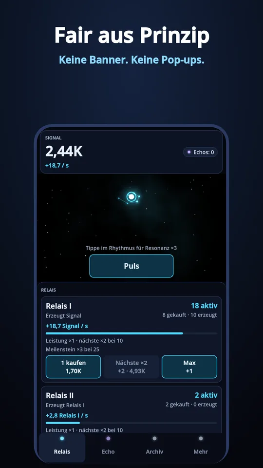Die erste Minute in Echo, ein einzelner Punkt und ein Puls-Knopf, dazu die Zeile „Keine Banner. Keine Pop-ups.“