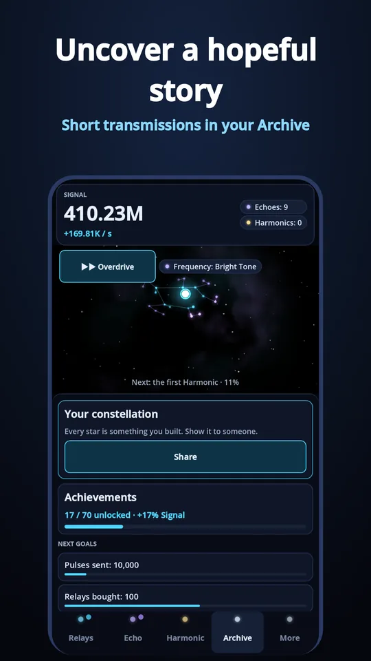 The Archive tab with a shareable constellation, achievements and next goals