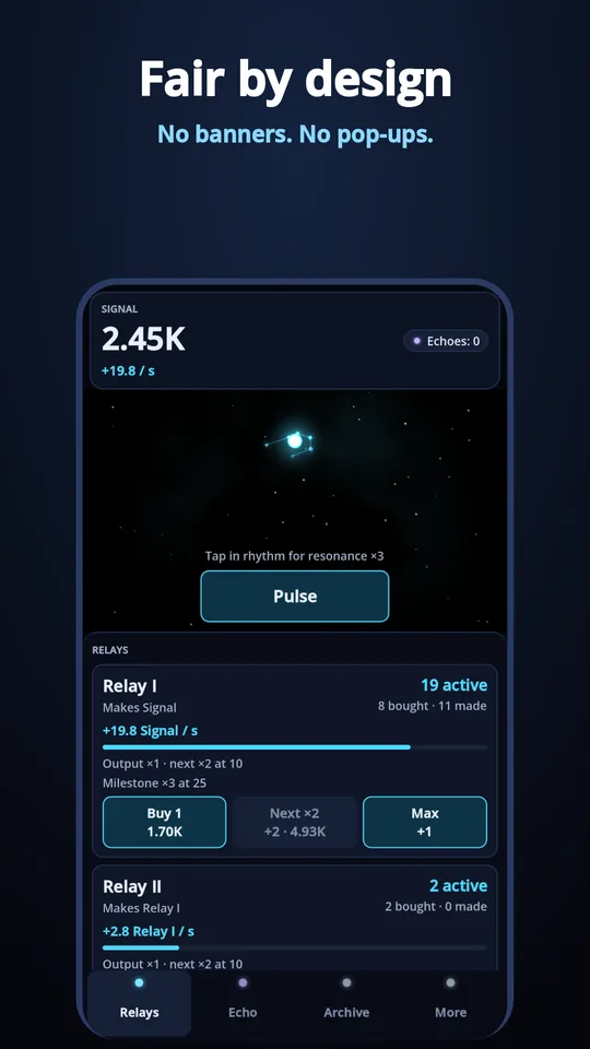 The very first minute of Echo, a single dot and a Pulse button, with the line "No banners. No pop-ups."