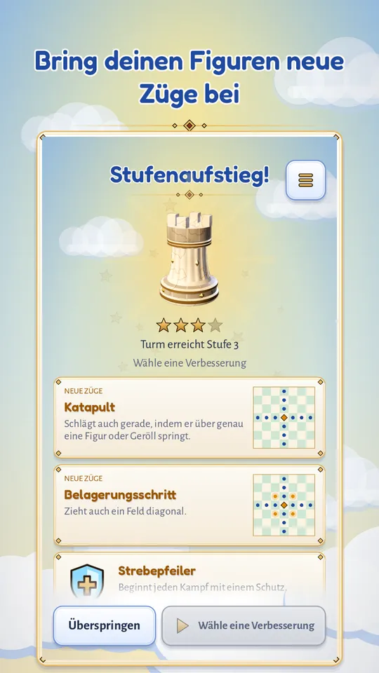 Der Aufstiegsbildschirm mit zwei neuen Zügen für einen Turm und Zugdiagrammen