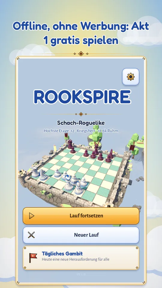 Der Startbildschirm von Rookspire mit Lauf fortsetzen, neuer Lauf und dem Täglichen Gambit