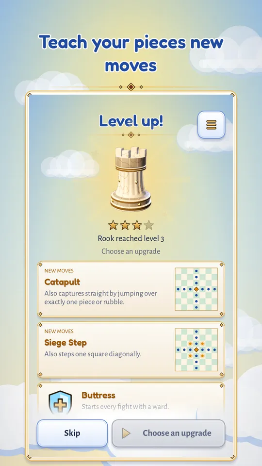 The level-up screen offering a rook two new moves with move diagrams