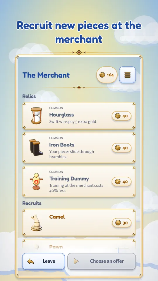 The merchant offering relics and new pieces to recruit