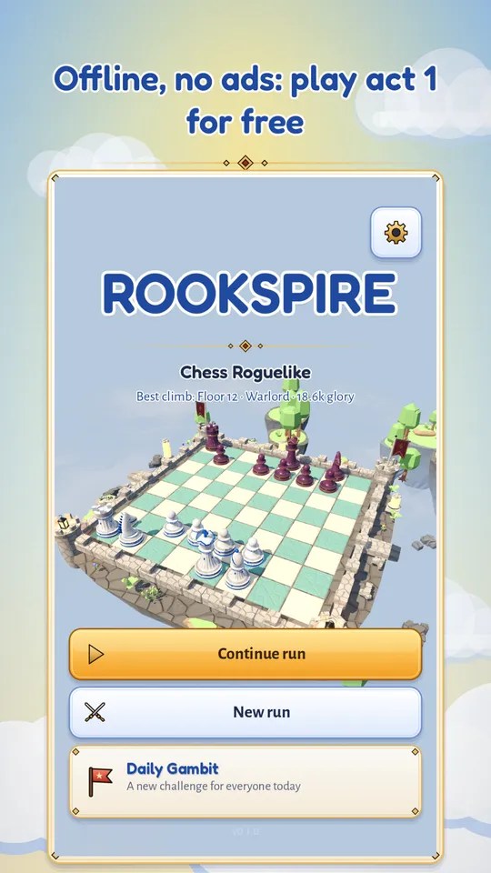 The Rookspire start screen with continue run, new run and the Daily Gambit