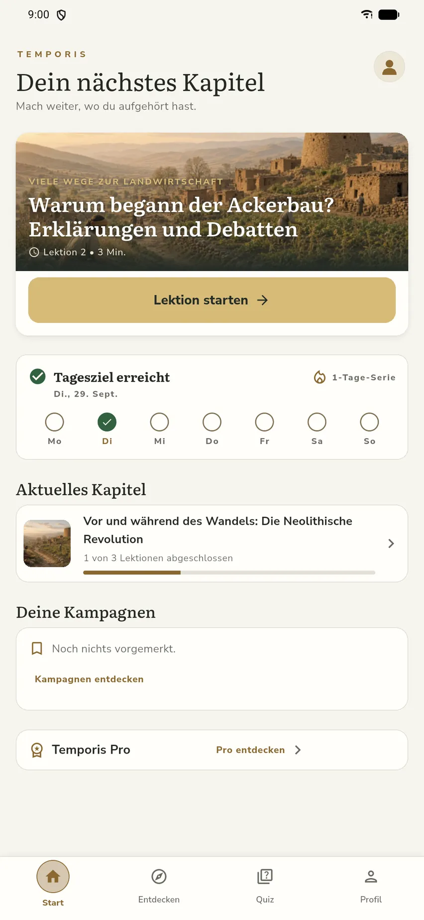 Temporis Startansicht mit dem nächsten Kapitel, dem Tagesziel und den eigenen Kampagnen.
