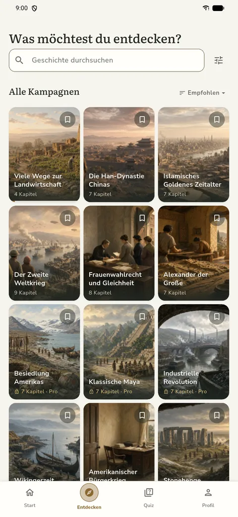 Temporis Entdecken-Ansicht mit Suche und Kampagnenliste, darunter Viele Wege zur Landwirtschaft, Die Han-Dynastie Chinas und Der Zweite Weltkrieg.