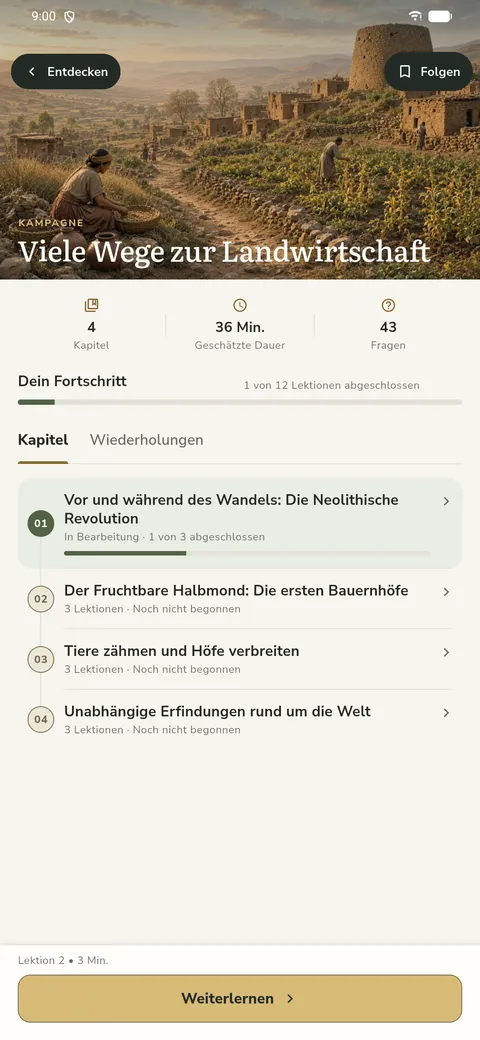 Kampagnenansicht in Temporis mit Fortschritt und Kapitelliste der Kampagne Viele Wege zur Landwirtschaft.