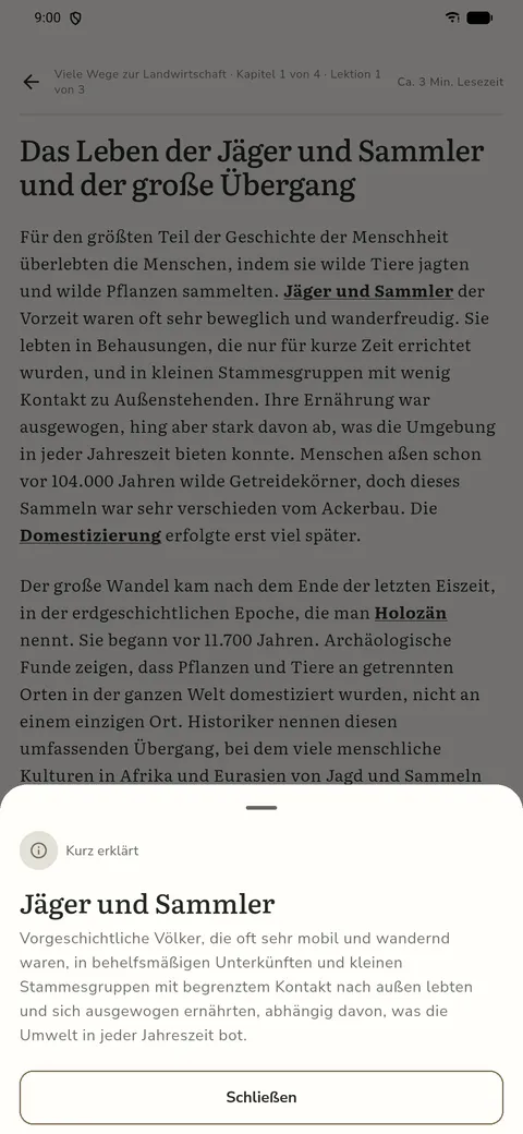 Leseansicht einer Temporis-Lektion mit eingeblendeter Kurzerklärung zum Begriff Jäger und Sammler.