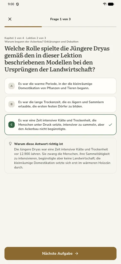 Temporis Quizfrage mit ausgewählter Antwort und der Erklärung, warum sie richtig ist.