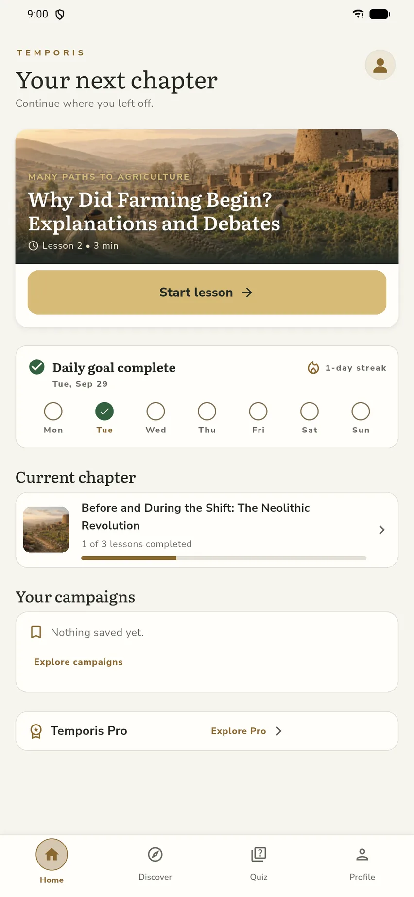 Temporis home screen with the next chapter, the daily goal and saved campaigns.