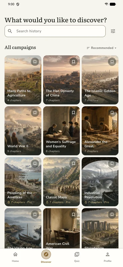 Temporis discover screen with search and the campaign list, including Many Paths to Agriculture, The Han Dynasty of China and World War II.