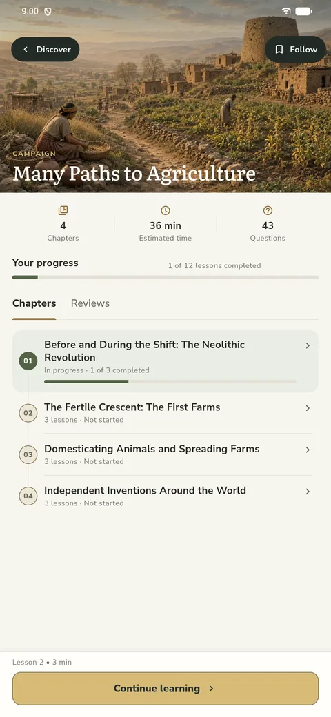 Temporis campaign screen with progress and the chapter list of Many Paths to Agriculture.