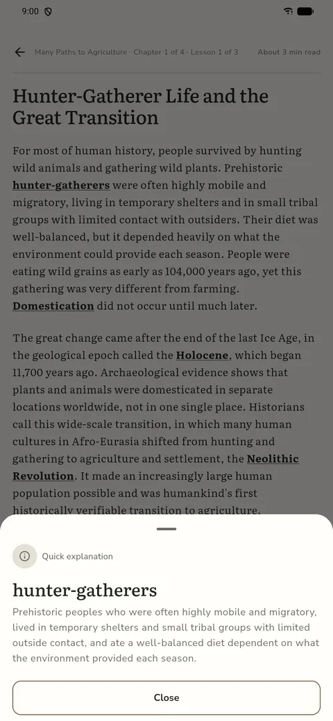 Temporis lesson reading view with a quick explanation sheet open for the term hunter-gatherers.